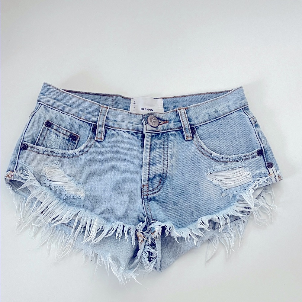 ONE TEASPOON Dukes, light blue distressed denim shorts, size 23 womens
